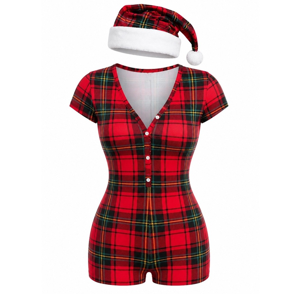NWT Plaid Button Front Pajama Romper Red Sz L Not A Morning Person